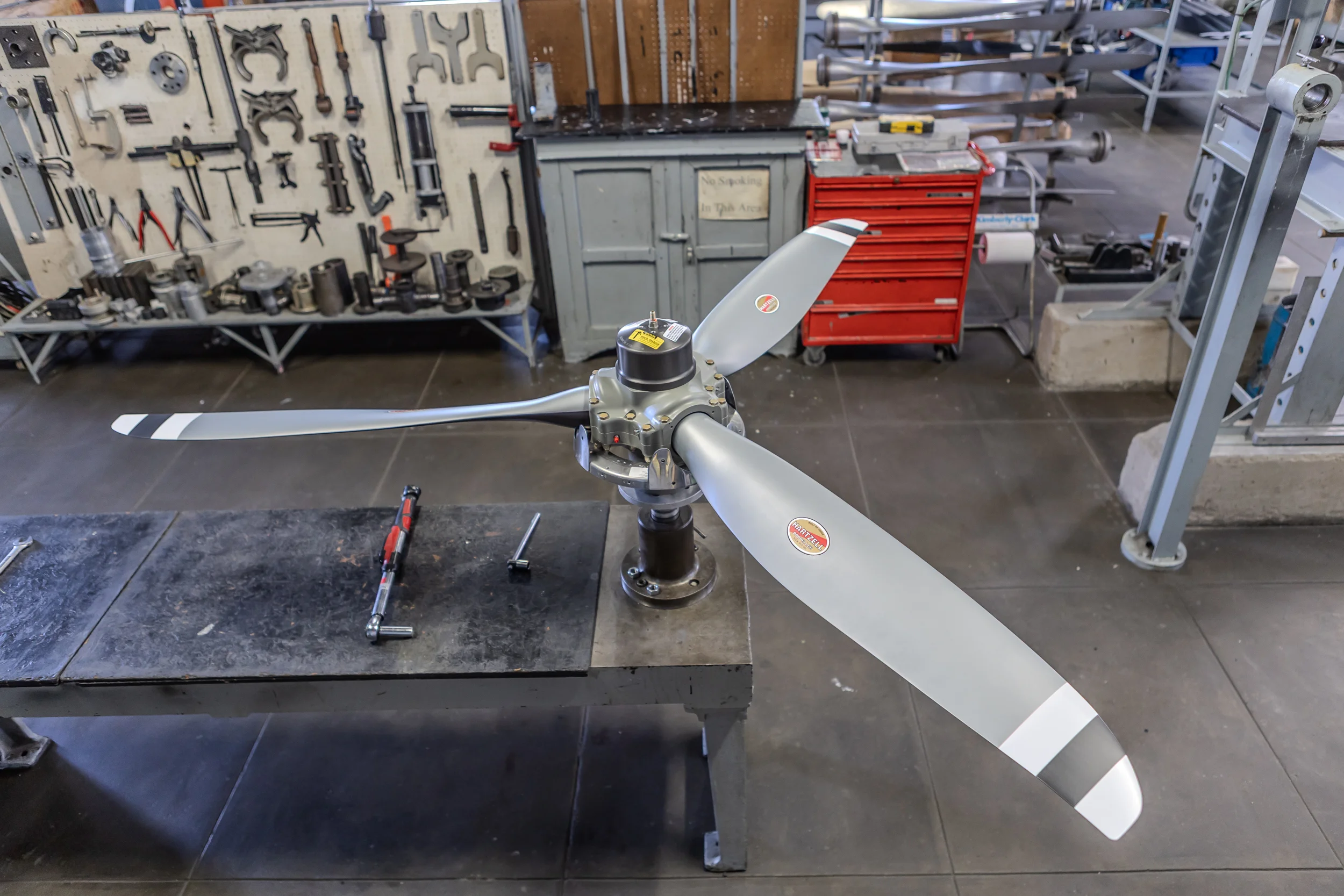Aircraft propeller blade prepared on a workshop bench