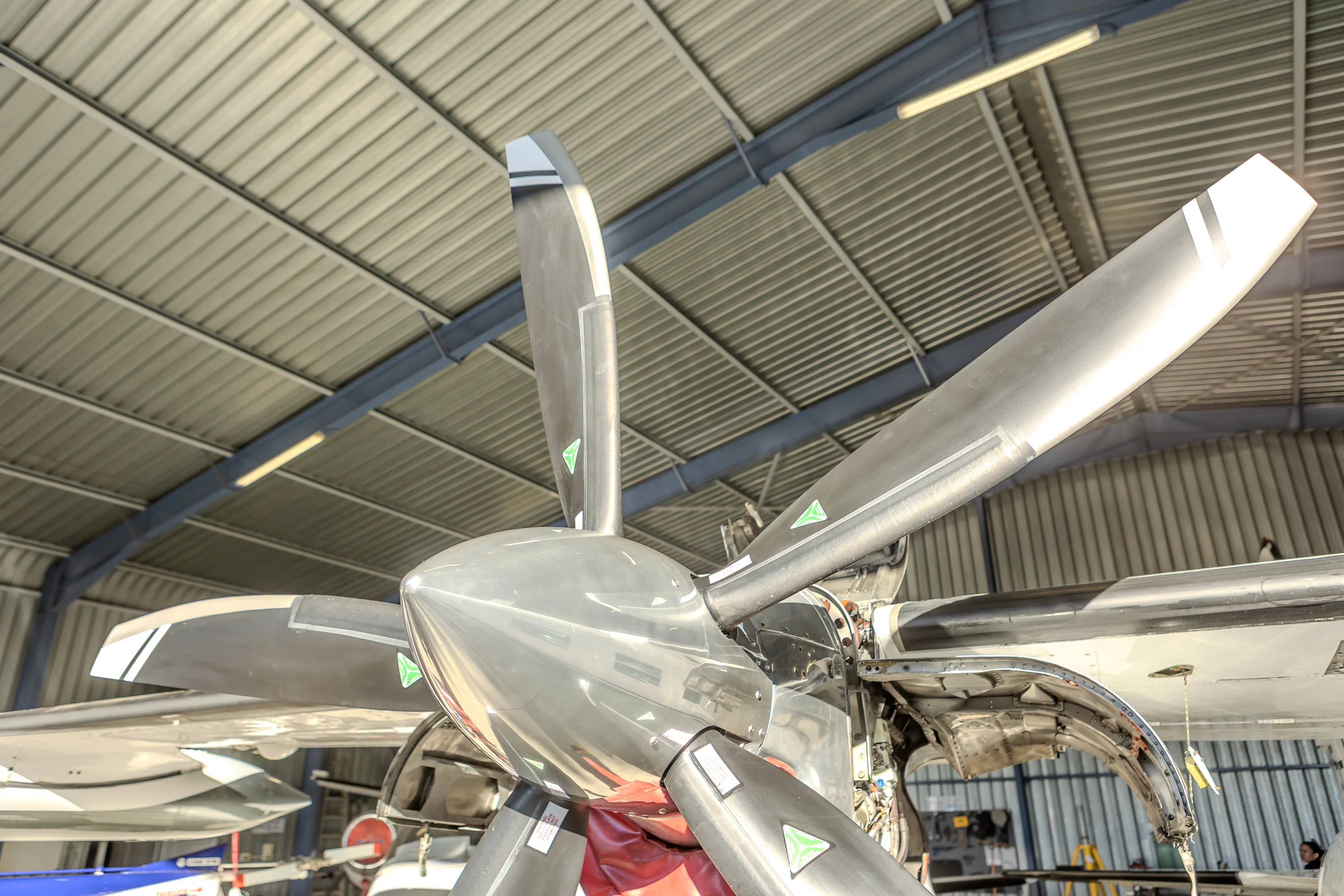 Propeller inspection inside an aircraft hangar